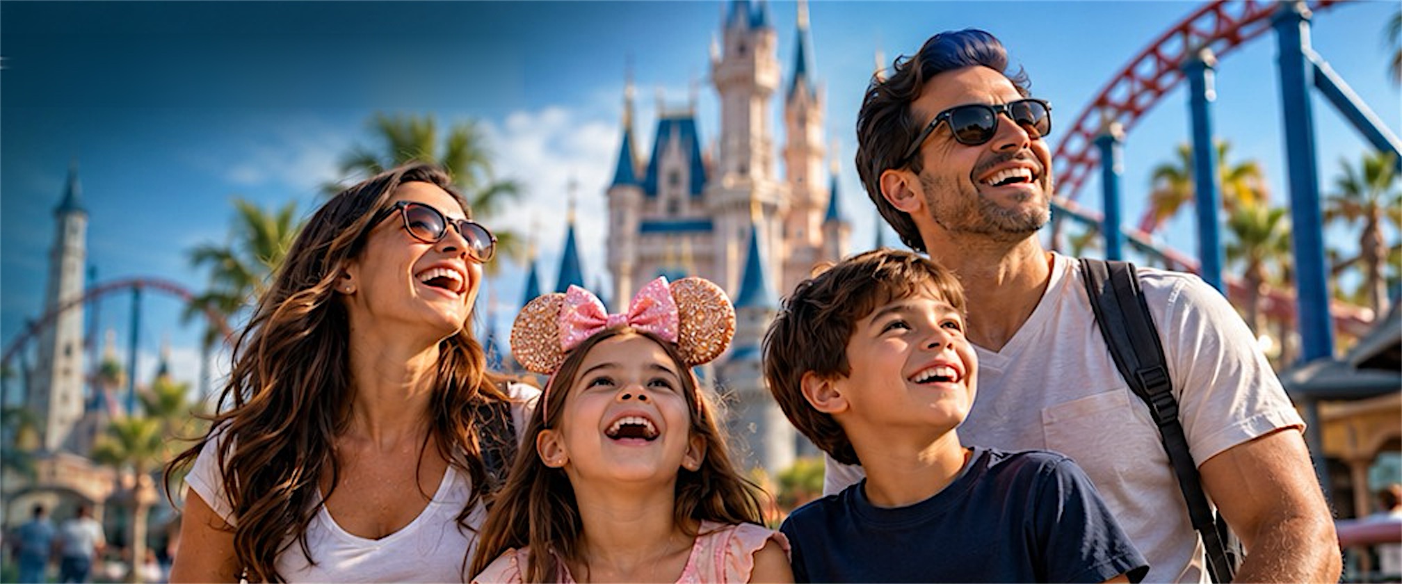 Família sorrindo em parque temático de Orlando, com castelo e montanha-russa ao fundo